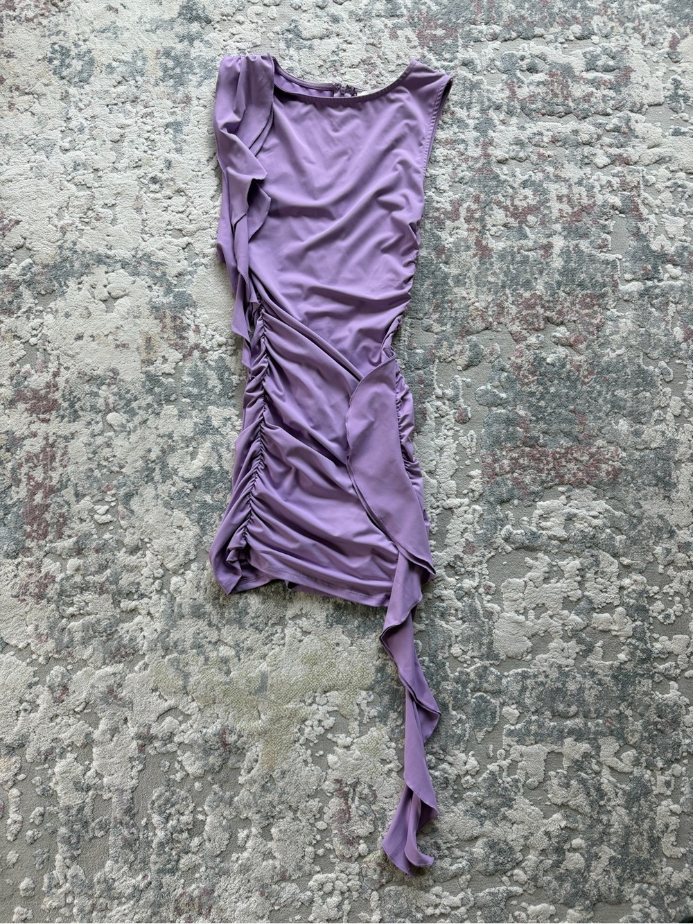Purple Ruched Asymmetric Women's mini dress.